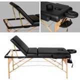tectake® - Massagetafel behandeltafel - matras 10 cm hoog en houten frame + zwarte rolkussens, draagtas en kruk - zwart - 400278