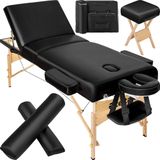 tectake® - Massagetafel behandeltafel - matras 10 cm hoog en houten frame + zwarte rolkussens, draagtas en kruk - zwart - 400278