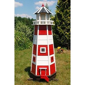 Deko-Shop-Hannusch Prachtige grote XXL vuurtoren van hout met solarverlichting 1,40 m, rood/wit, solarverlichting,