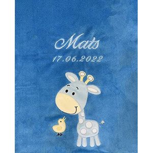 KIDDI-MEDIA Babydeken met naam en geboortedatum geborduurd / knuffelzacht / 1A kwaliteit (blauw, giraffe)