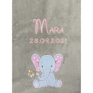 KIDDI-MEDIA Babydeken met naam en geboortedatum geborduurd / knuffelzacht / 1A kwaliteit (grijs, olifant)