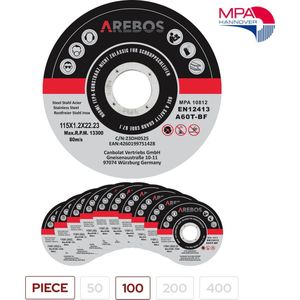 Arebos Snijschijven 100 stuks | Ø 115mm x 1mm x 22,2mm | geschikt voor staal, roestvrij staal, inox, ijzer, plaatstaal, metaal | vooruit en terug | EN 12413 | (MPA) gecertificeerd