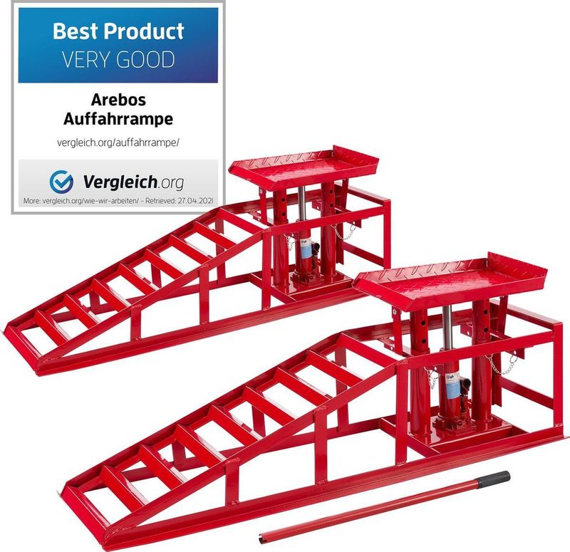 AREBOS 2x Oprijbokken Auto 2000 kg - Oprijbok - Oprijplaat Auto - Oprijplaat Ramp - Oprijplaat - Oprijbrug Auto - Met Hydraulische Krik