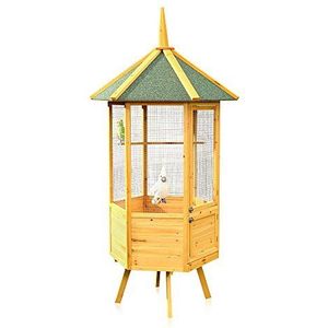 Melko Vogelvoliere XXL 6-hoekige vogelkooi vogelhuis van hout, 74 x 74 x 194 cm, bruin