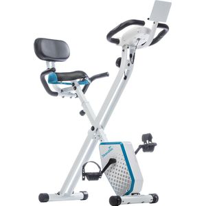 Skandika Foldaway X-1000 Plus Hometrainer Fiets – Hometrainers - Fitnessbike – Hometrainer fiets inklapbaar - Opvouwbaar X-bike F-bike met handpulssensoren, Bluetooth-computer, tablethouder, rugleuning, 130 kg max. Gebruikersgewicht – wit/blauw