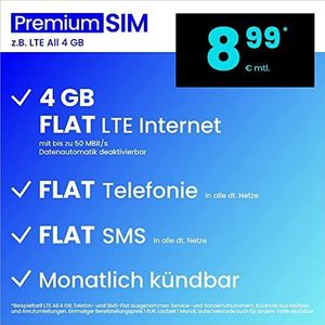 PremiumSIM LTE All 4 GB maandelijkse ontsteking (FLAT Internet 4 GB LTE met max. 50 MBit/s met uitschakelbare data-functie, platte telefoon, vreemde en EU-berichten, 8,99 euro / maand