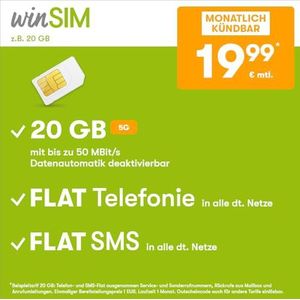 WinSIM LTE All 20 GB - brandbaar per maand (FLAT Internet 20 GB LTE met max 50 MBit/s met automatische uitschakelbare gegevens, platte telefoon, SMS en in het buitenland van de EU 19,99 euro per maand