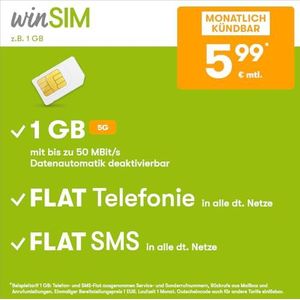 WinSIM LTE All 1 GB - brandbaar per maand (FLAT Internet 1 GB LTE met max. 50 MBit/s met automatische uitschakelbare gegevens, platte telefoon, SMS, vlak- en Europese vreemden, 5,99 EUR/maand