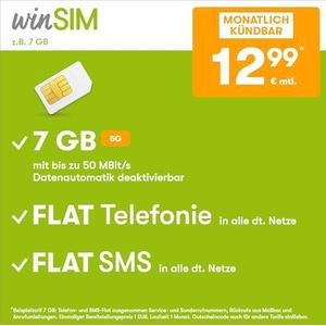 WinSIM LTE All 7 GB - brandbaar per maand (FLAT Internet 7 GB LTE met max 50 MBit/s met automatische uitschakelbare gegevens, vlakke telefoon, SMS en in het buitenland van de EU 12,99 euro/maand