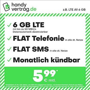 handyvertrag.de LTE All 6 GB – Maandelijks uitschakelbaar (plat internet 6 GB LTE met max. 50 Mbit/s met automatische uitschakelbare gegevens, flatscreen telefonie, sms en in het buitenland, 5,99