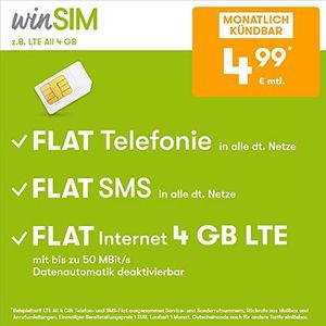 WinSIM LTE All 4 GB maand deactiveerbaar (plat internet 4 GB LTE met max. 50 MBit/s met automatische uitschakelbare gegevens, platte telefoon, SMS en spanning, 5,99 EUR/maand