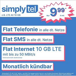 Simplytel LTE All 10 GB - Maandelijkse ontsteking (FLAT Internet 10 GB LTE met max. 50 Mbit/s met automatische uitschakelbare gegevens, platte telefoon, platte telefoon, Europese SMS, 9,99 euro/maand