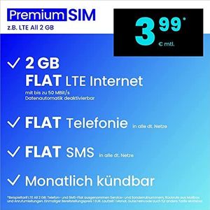 Premium SIM LTE All 2 GB - maand deactiveerbaar (plat internet 2 GB LTE met max. 50 MBit/s met automatisch uitschakelbare gegevens, platte telefoon, SMS en buitenland 3,99 EUR/maand