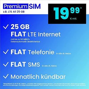 PremiumSIM LTE All 25 GB maandelijkse ontsteking (plat internet 25 GB LTE met max. 50 MBit/s met automatische uitschakelbare data-functie, vlakke telefoon, Europese SMS, 19,99 euro/maand