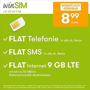 WinSIM LTE All 9 GB maandelijkse ontsteking (FLAT Internet 9 GB LTE met max. 50 MBit/s met uitschakelbare data-functie, platte telefoon, vreemde en EU-berichten, 8,99 euro/maand