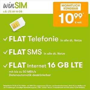 WinSIM LTE All 15 GB maand deactiveerbaar (plat internet 15 GB LTE met max. 50 MBit/s met automatische data, platte telefoon, SMS, vlaksms en buitenland, 12,99 EUR/maand