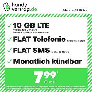 Handytarf Handyvertrag.de bijv. LTE All 10 GB - (plat internet 10 GB LTE, platte telefoons, SMS plat en plat EU in het buitenland, 7,99 euro/maand, maandelijkse annulering) of andere tarieven