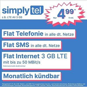 Simplytel Mobiele telefoon tarief bijv. LTE All 3GB - (Flat Internet 3GB LTE, platte telefoon, SMS en Flat in het buitenland, 4,99 Euro/maand, maandelijkse afsluiting) of andere tarieven