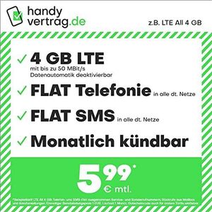handyvertrag.de LTE All 4 GB - Maandelijkse uitschakelfunctie (plat internet 4 GB LTE met max. 50 MBit/s met automatische data, platte telefoon, SMS en in het buitenland, 5,99 EUR/maand