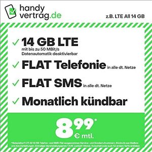 Handytarf Handyvertrag.de bijv. LTE All 14 GB - (plat internet 14 GB LTE, platte telefoons, SMS plat en plat EU in het buitenland, 8,99 Euro/maand, maandelijkse annulering) of andere tarieven