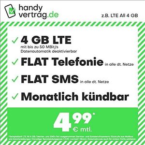 handyvertrag.de LTE All 4 GB - Maandelijkse uitschakelfunctie (plat internet 4 GB LTE met max. 50 MBit/s met automatische data, platte telefoon, SMS en in het buitenland, 4,99 EUR/maand