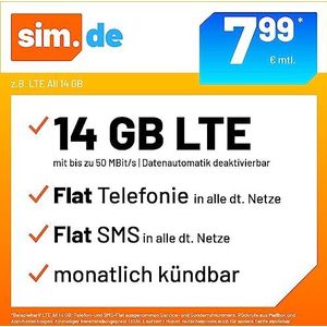 Handycontract sim.de LTE All 5 GB - maandelijks deactiveerbaar (plat 5 GB LTE-internet met max. 50 MBit/s met automatische gegevens, platte telefoon, SMS en EU-bediening, 5,99 euro/maand