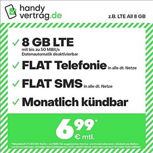 handyvertrag.de LTE All X Go - maandelijkse annulering (plat Internet X Go LTE met max. 50 Mbit/s met uitschakelbare automatische data, platte telefoon, EU-platte en vreemde sms, X, XX euro/maand)