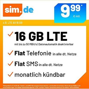 Handytarief sim.de bijv. LTE All 16 GB - (Flat Internet 16 GB LTE, Flat Telefonie, Flat SMS en Flat EU-buitenland, 10,99 Euro/maand, maandelijks opzegd) of andere tarieven