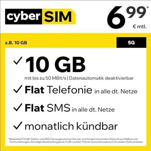 Telefoontarief CyberSIM bijv. Allnet Flat 10 GB – (Flat Internet 5G 10 GB, Flat Telefoon, Flat SMS en Flat EU buitenland, 6,99 euro/maand, maandelijks opzegbaar) of andere tarieven