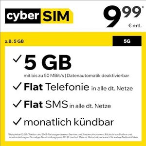 Telefoontarief CyberSIM bijv. Allnet Flat 5 GB – (Flat Internet 5G 5 GB, Flat Telefoon, Flat SMS en Flat EU buitenland, 9,99 euro/maand, maandelijks opzegbaar) of andere tarieven