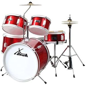 XDrum Junior Drumset voor kinderen, geschikt voor kinderen van 5-9 jaar, met veel accessoires, school, dvd, rood