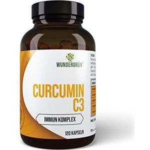 WUNDERGRÃœNÂ® Curcumine C3, hoogwaardig kurkuma-extract, hoge biologische beschikbaarheid dankzij piperine, 95% curcuminoÃ¯den en 100 mg C3 Complex, 120 capsules, veganistisch