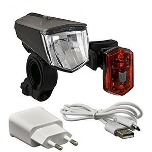 Büchel LED batterij lampenset: 80 Lux, batterij hoofdlamp + achterlicht voor micro-licht, met oplader, STVZO Convenent, 51252526 batterij lampen set, zwart, één maat