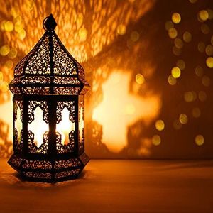 Oosterse lantaarn van metaal & glas Wifaq oranje 40 cm | Oosterse windlicht zwart met glas | Marokkaanse glazen lantaarn voor buiten als tuinlantaarn of binnen als tafellantaarn