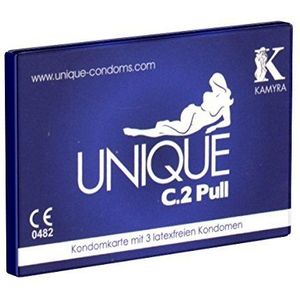 Kamyra Unique C.2 Pull, 3 latexvrije condooms gemaakt van AT-10, hypoallergeen, met de innovatieve Pull-on-Stripes, extra dun (0.015mm) en zonder geur