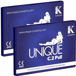 Kamyra Unique C.2 Pull, 6 latexvrije condooms gemaakt van AT-10, hypoallergeen, met de innovatieve Pull-on-Stripes, extra dun (0.015mm) en zonder geur