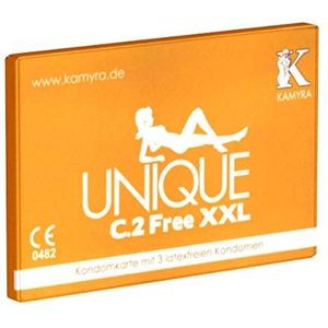 Kamyra Unique C.2 Free XXL, grote latexvrije condooms gemaakt van AT-10, hypoallergeen, vlakke basis - zonder ring, extra dun (0.015mm) en zonder geur, 1 x 3 stuks