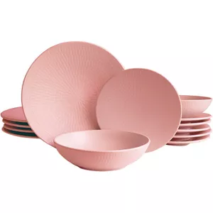 Aardewerk servies, 30 stuks porseleinen servies, Scandinavische stijl servies, roze en witte schotel met Phnom Penh, vaatwasmachinebestendig, service voor 8