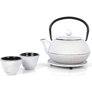 Echtwerk Gietijzeren theeservies - Theepot 0,8 liter met afneembare zeef - Theepot met onderzetter en 2 theekopjes - Vintage stijl - Voor het bereiden van losse thee - Crème