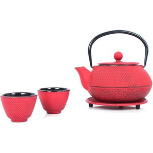 Echtwerk Gietijzeren theepot 0,8 l met afneembare zeef, theepot met onderzetter en 2 theekopjes, vintage theepot voor het bereiden van losse thee, rood