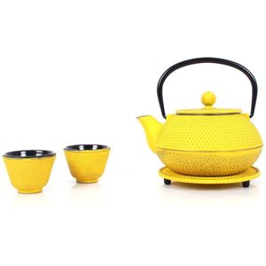 Echtwerk Gietijzeren theeset, theepot 0,8 l, met uitneembaar zeefje, theepot met schotel en 2 theekopjes, vintage theepot voor losse thee, geel