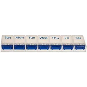 Vanlo Pillendoos met 7 vakken voor een week in wit/blauw met opener, pillendoos, tablettdoos, medicijndoos - Engels