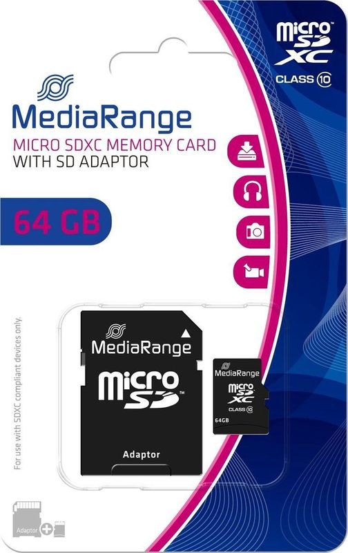 MediaRange - microSDXC Geheugenkaart - 64GB - Class 10 - Inclusief Adapter
