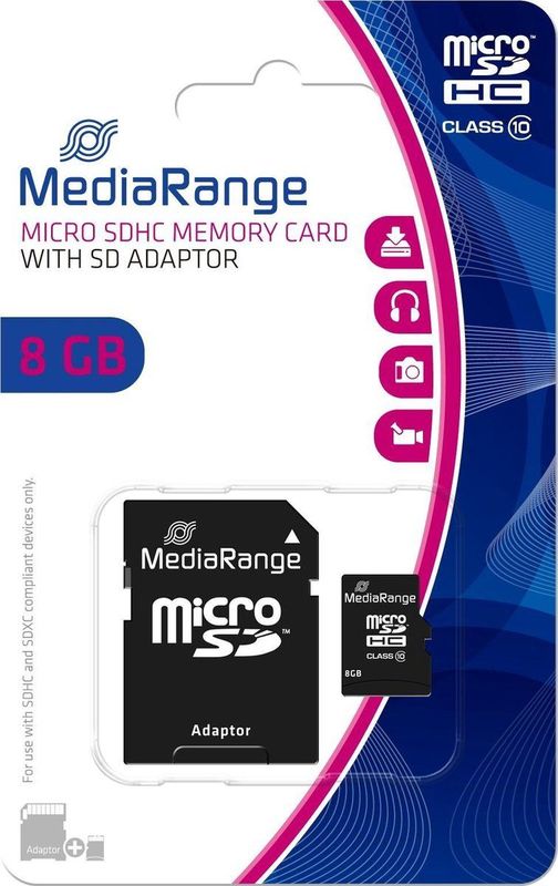 MediaRange - MR957 - microSDHC Geheugenkaart - 8GB - Class 10 - Met Adapter