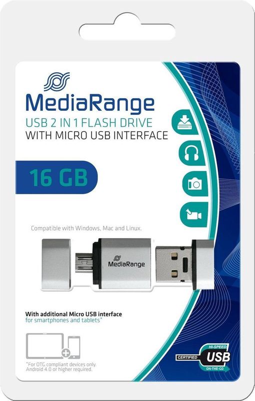 MediaRange - USB Nano Geheugenstick - 16 GB - Zilver - Met Micro USB Adapter