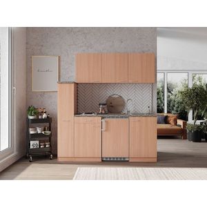 Goedkope keuken 180  cm - complete kleine keuken met apparatuur Gerda - Beuken/Beuken - elektrische kookplaat  - koelkast  - mini keuken - compacte keuken - keukenblok met apparatuur