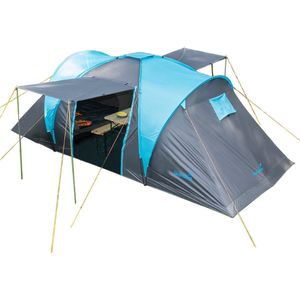 Skandika Hammerfest 4 Tent – Koepeltenten - 4 persoons campingtent – 200 cm stahoogte - Muggengaas – 2 slaapcabines – 200 cm stahoogte - 220 x 500 x 200 cm (LxBxH) - 2000 mm waterkolom – Outdoor, Camping, Tuin - Kamperen – grijs/blauw