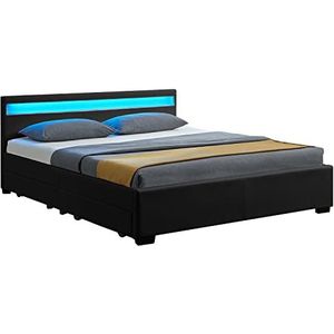 Juskys Lyon Gestoffeerd bed met ledverlichting, lattenbodem en hoofdeinde, 2 maten en 4 kleuren, kunstleer en hout, ledikant, bedframe, opbergbed 140 x 200 cm zwart