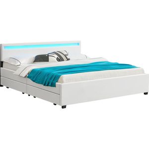 Gestoffeerd Bed Lyon - 180 x 200 cm - Wit - LED Verlichting & Bedlades