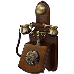 OPIS 1921 CABLE – MODEL D – Wand bevestigde retro telefoon/retro telefoon met houten en metalen behuizing, functionele draaischijf en klassieke metalen bel